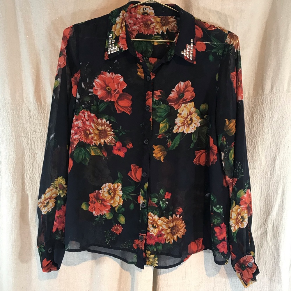 Dark Blue Floral Long Sleeve Shirt